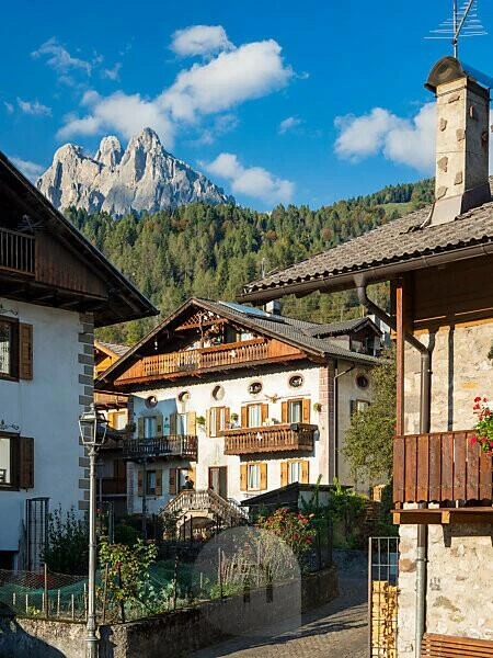 Calle estrecha entre casas de muros claros, balcones de madera y tejados inclinados, con bosque y cumbres rocosas al fondo. Imagen aportada por Pablo Gustavo Leonardi como arquitectura de Tonadico; autor, fecha y punto de toma pendientes de confirmar.